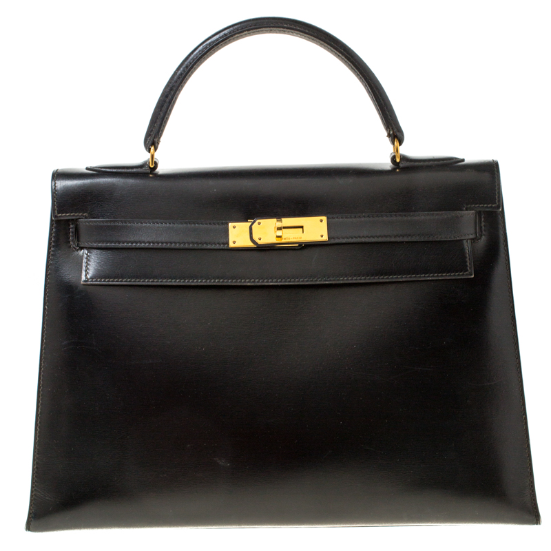 Pre Owned Hermes Black Box Calf Leather Gold Hardware Kelly Sellier 32 Bag