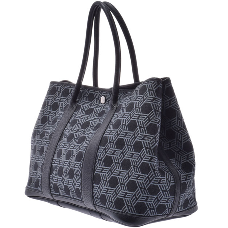 

Hermes Gray/Black Toile And Leather Garden Party Tote