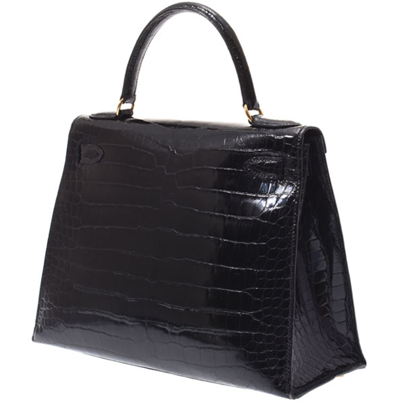 

Hermes Black Croc Leather Gold Hardware Kelly Retourne 28 Bag