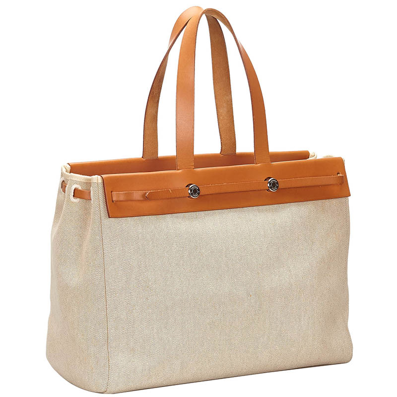 

Hermes White/Brown Canvas Herbag Cabas MM Bag