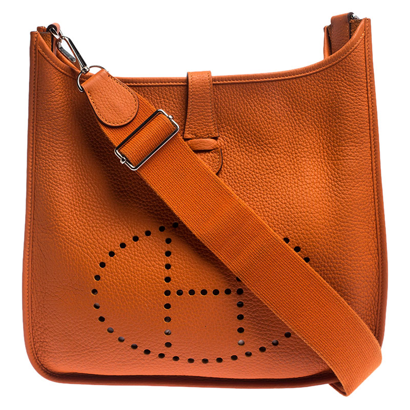 Pre Owned Hermes Orange Clemence Leather Evelyne III GM Bag