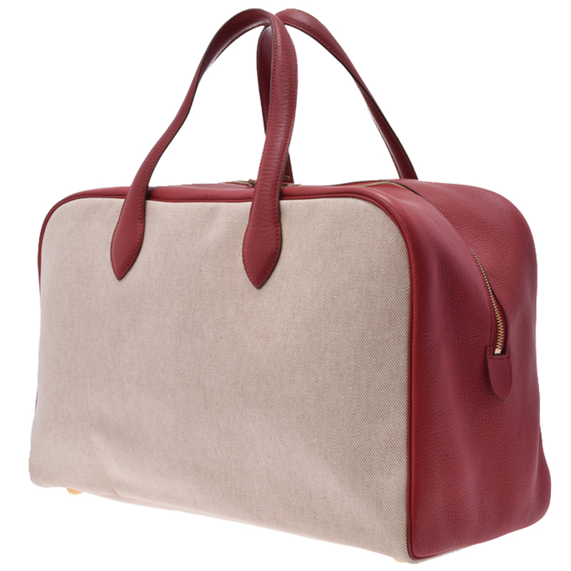 

Hermes Red Canvas Leather Victoria 43 Bag, Beige