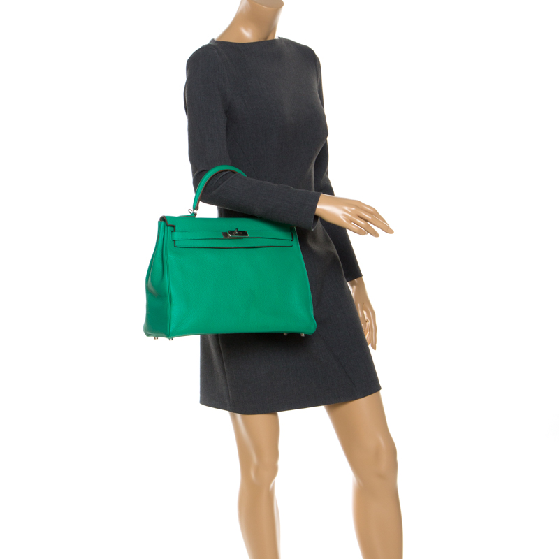 

Hermes Bambou Clemence Leather Palladium Hardware Kelly Retourne 35 Bag, Green