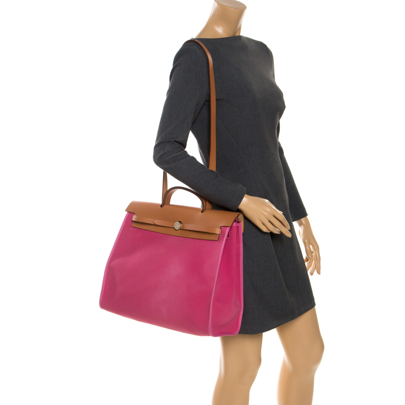 

Hermes Rose Lipstick/Natural Canvas and Leather Herbag Zip 39 Bag, Pink