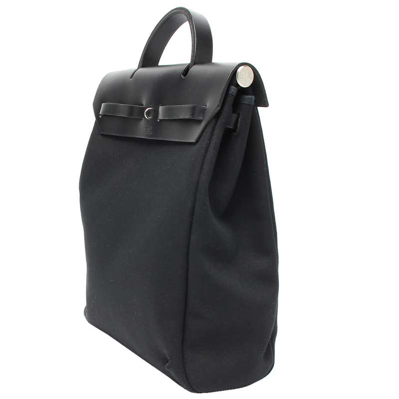

Hermes Black Canvas Leather Top Handle Bag