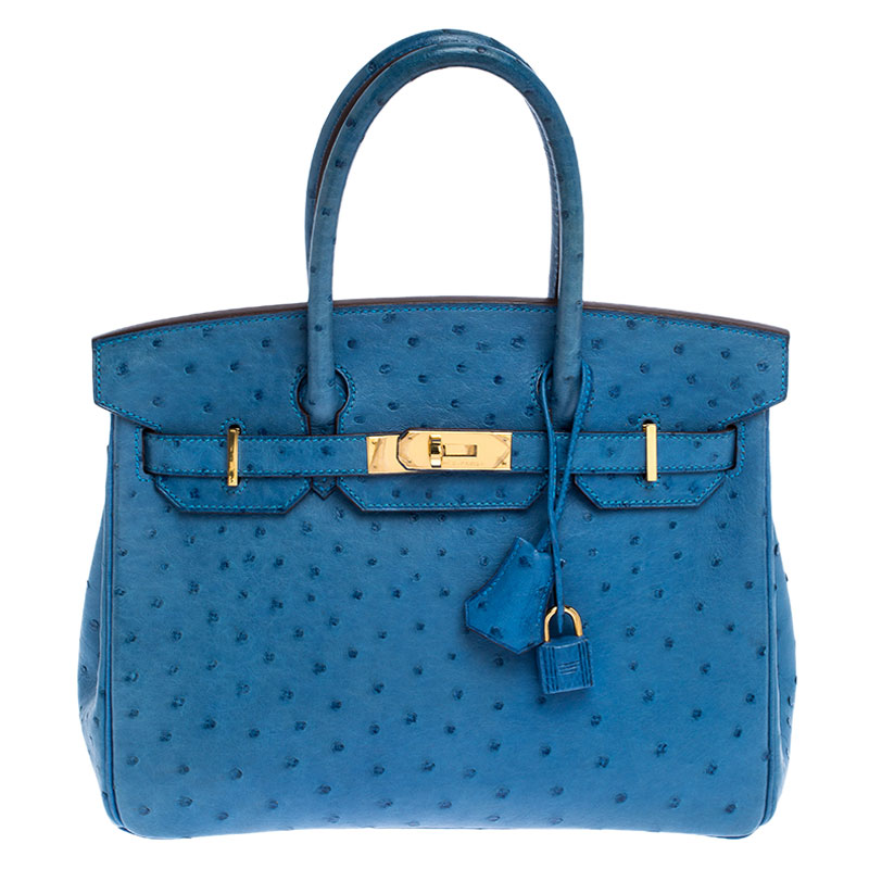 Hermes Birkin 30 Bag Bleu Mykonos Ostrich Leather with Gold Hardware –  Mightychic
