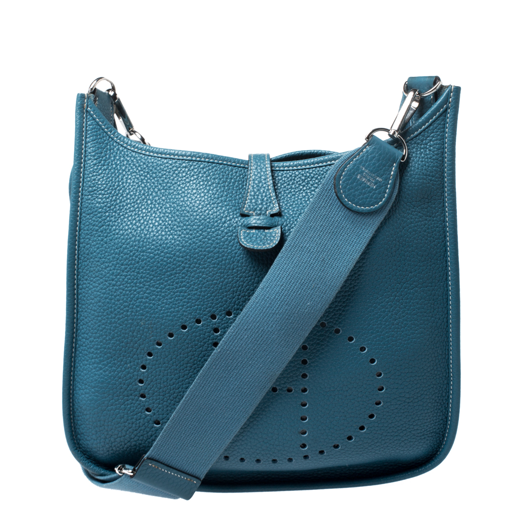 Hermes Blue Izmir Clemence Leather Evelyne III PM Bag