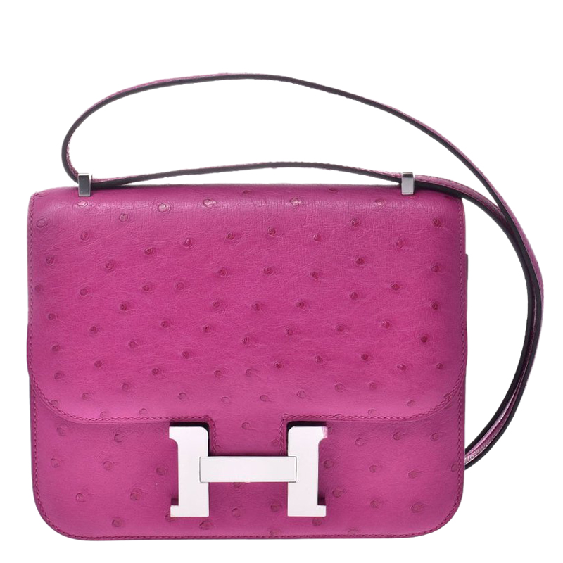 HERMÈS, ROSE TYRIEN CONSTANCE 18CM IN OSTRICH WITH PALLADIUM HARDWARE, Handbags & Accessories, 2020