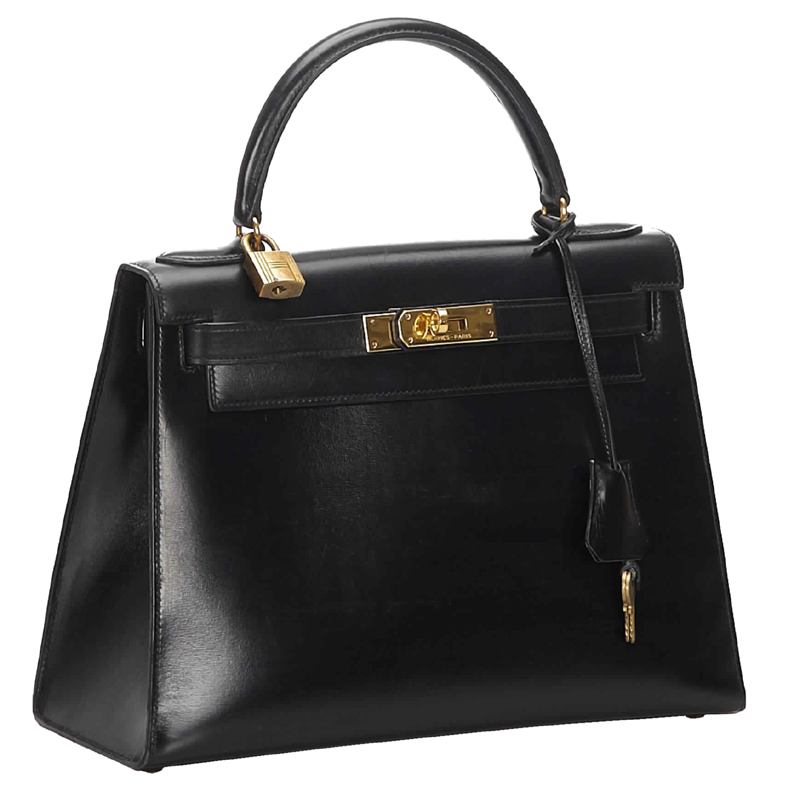 

Hermes Black Leather Gold Hardware Kelly Retourne 28 Bag