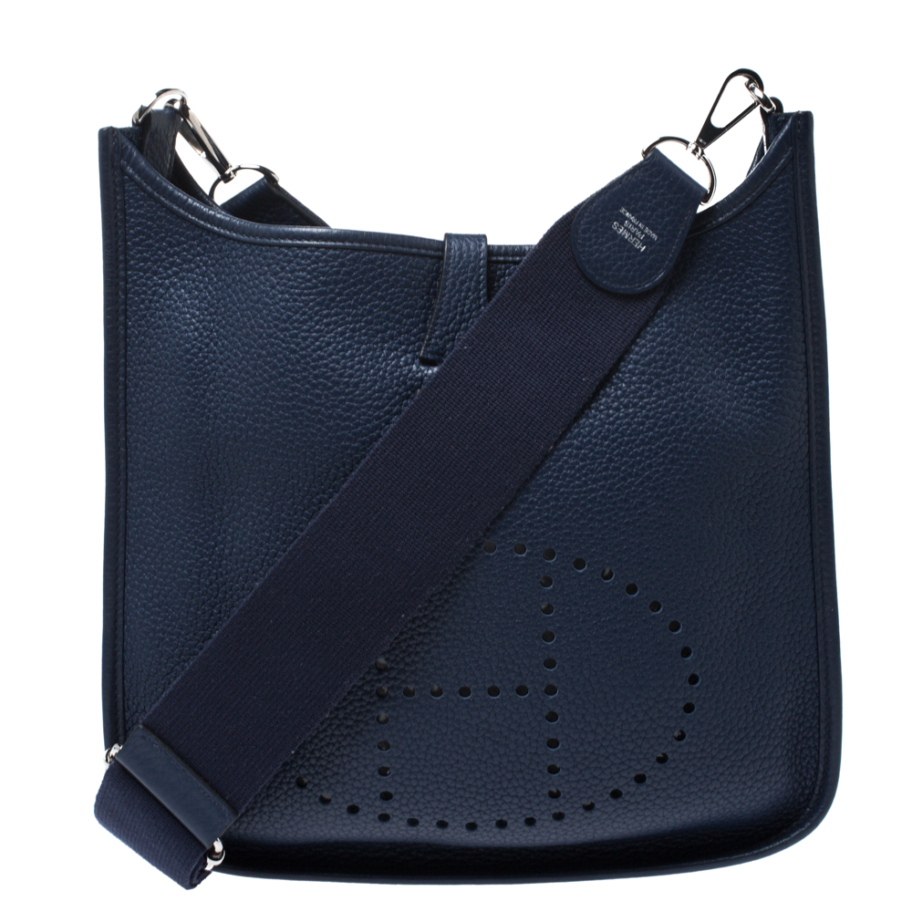 Hermes Blue Sapphire Clemence Leather Evelyne III PM Bag