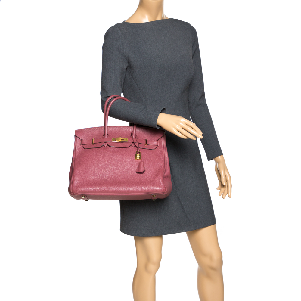 

Hermes Bois de Rose Clemence Leather Gold Hardware Birkin 35 Bag, Red