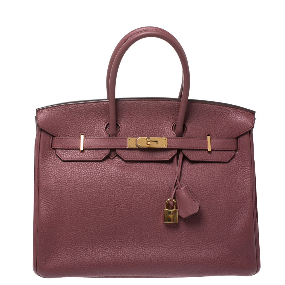 Pre-Owned Hermes Bois De Rose Clemence Leather Gold Hardware Birkin 35 Bag In Red | ModeSens