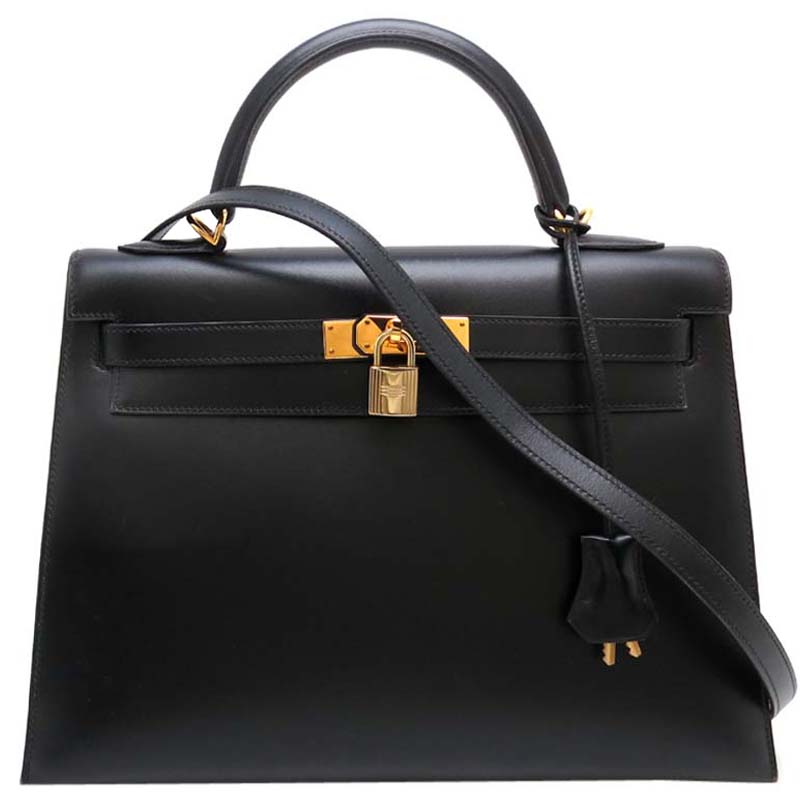 Pre-owned Hermes Black Box Calfskin Leather Gold Hardware Kelly 32 Bag