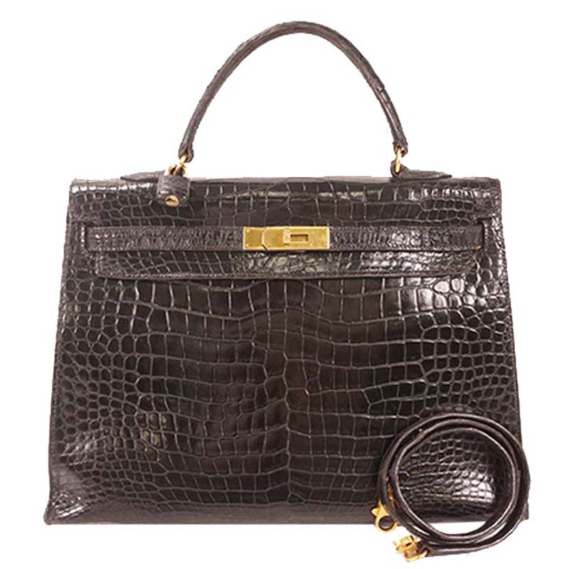 Pre-owned Hermes Black Porosus Crocodile Leather Gold Hardware Kelly 35 Bag