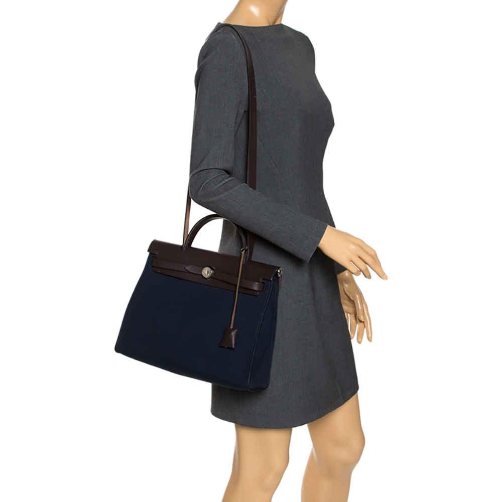 

Hermes Blue Encre/Cacao Canvas and Leather Herbag Zip 31 Bag
