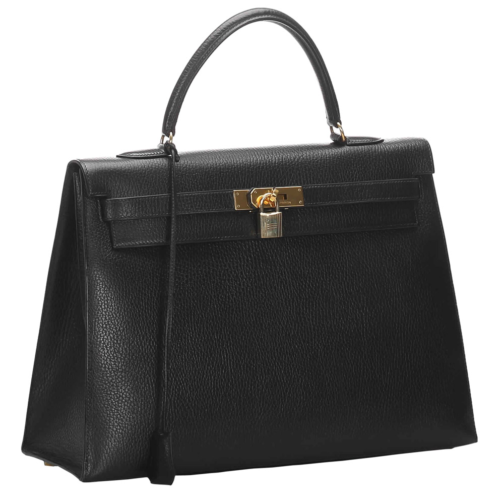 

Hermes Black Clemence Leather Gold Hardware Kelly Sellier 35 Bag