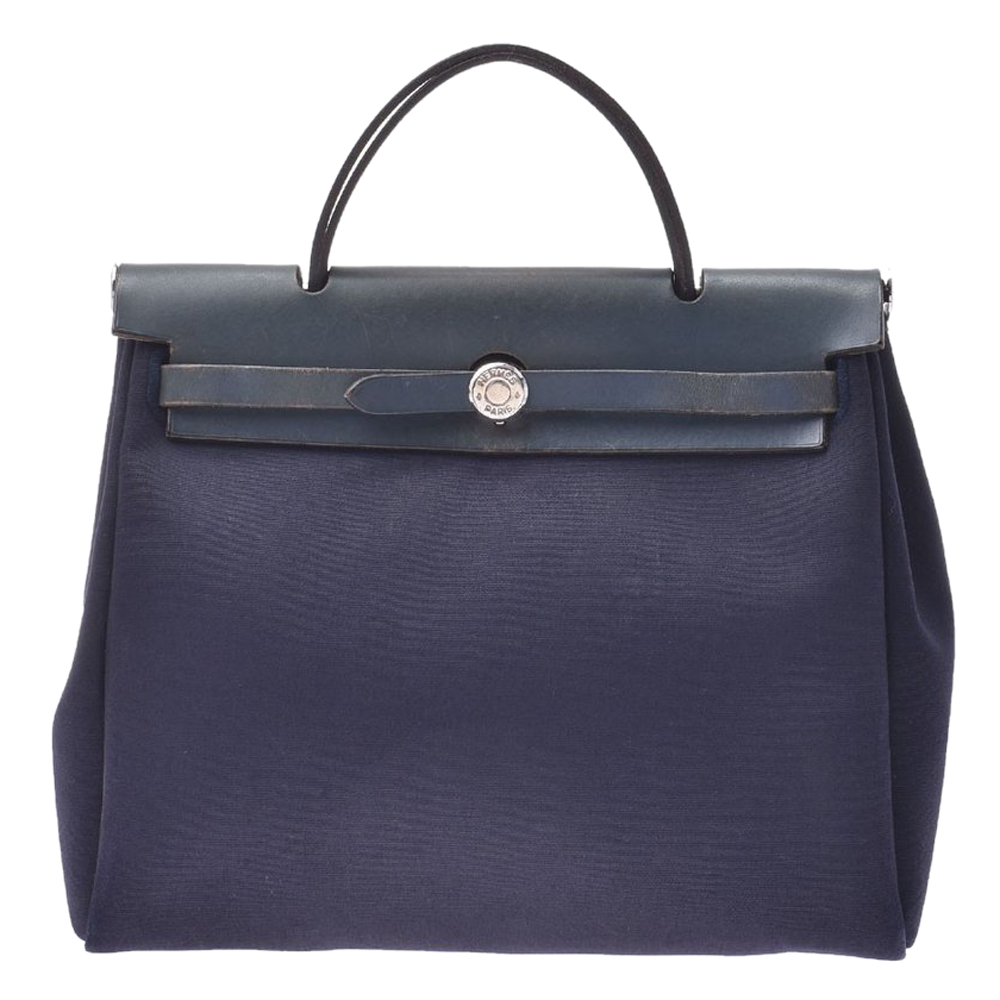 Pre-owned Hermes Navy Blue Toile And Leather Herbag Pm | ModeSens