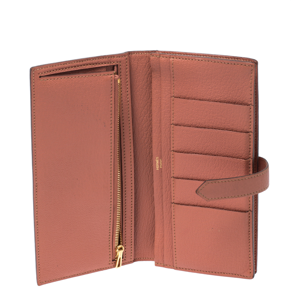 

Hermes Rosy Chevre Mysore Leather Bearn Gusset Wallet, Orange