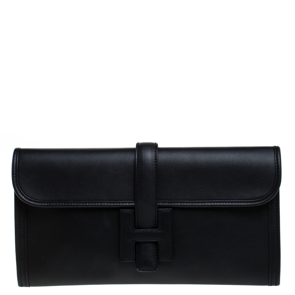 Pre Owned Hermes Black Swift Leather Elan Jige 29 Clutch