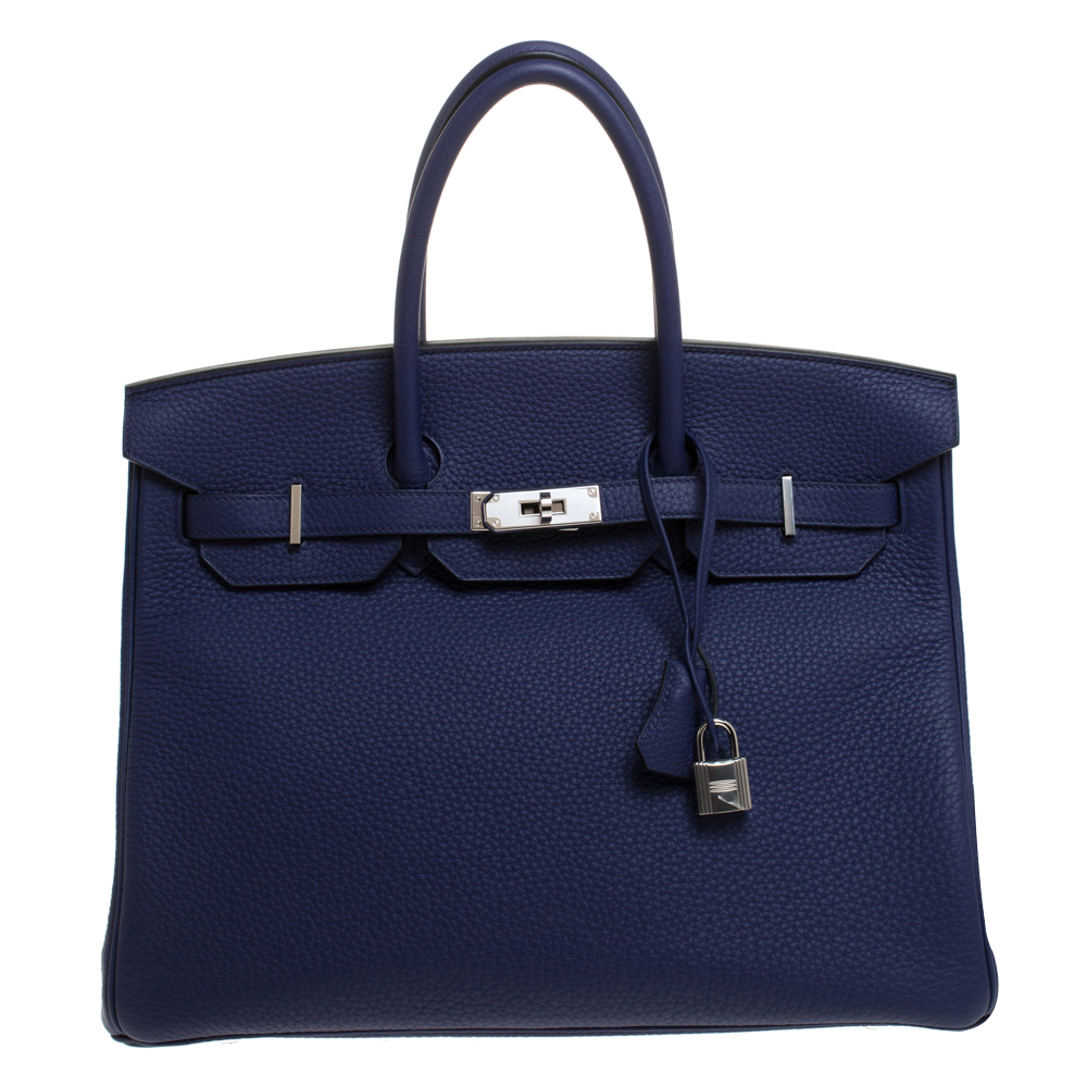 Hermes Blue Saphir Clemence Leather Palladium Hardware Birkin 35 Bag