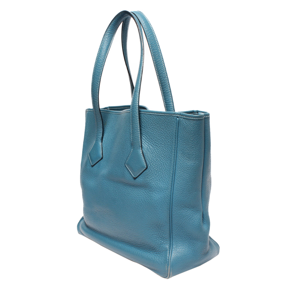 

Hermes Blue Clemence Leather Victoria Cabas 32 Tote Bag