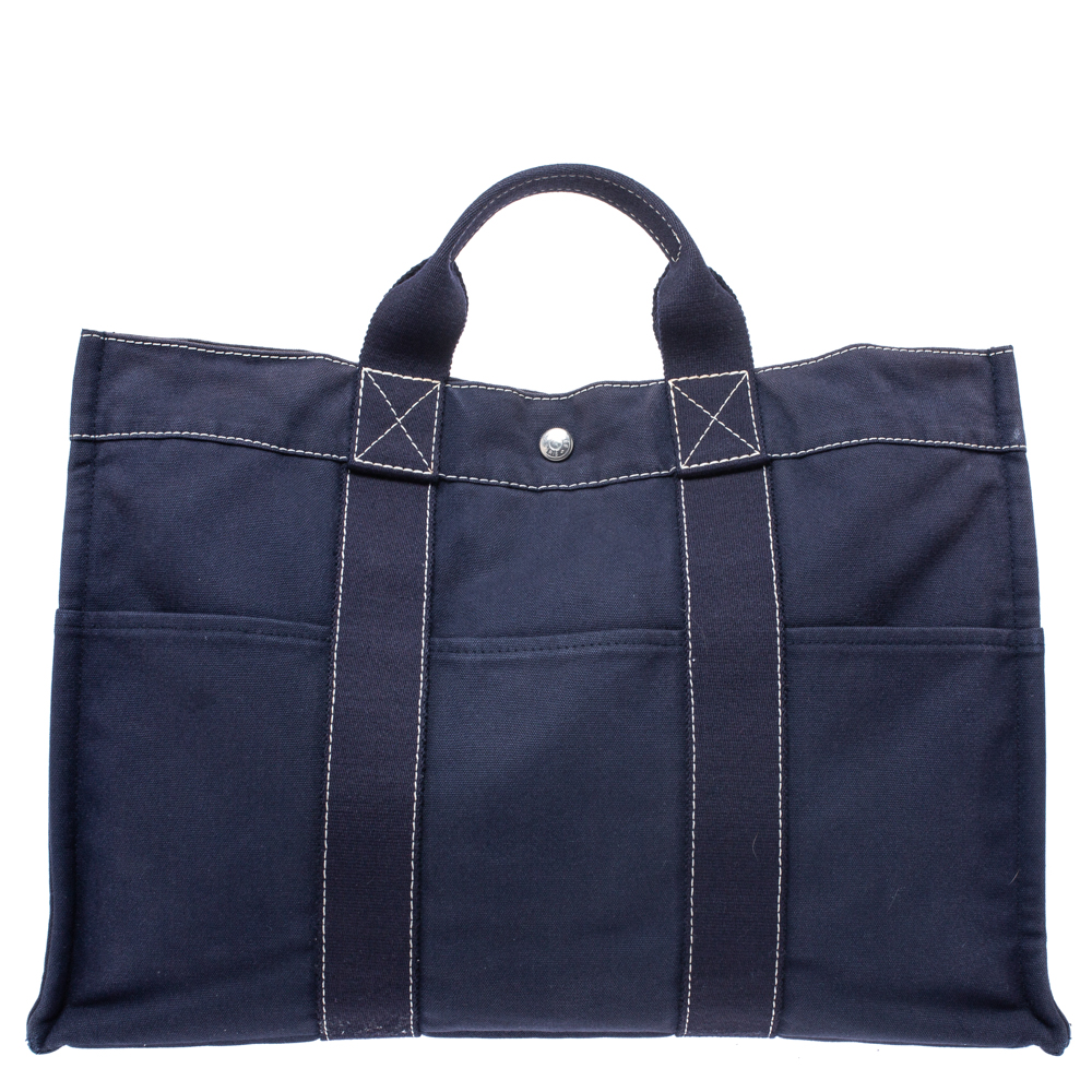Pre Owned Hermes Dark Blue Canvas Deauville MM Bag