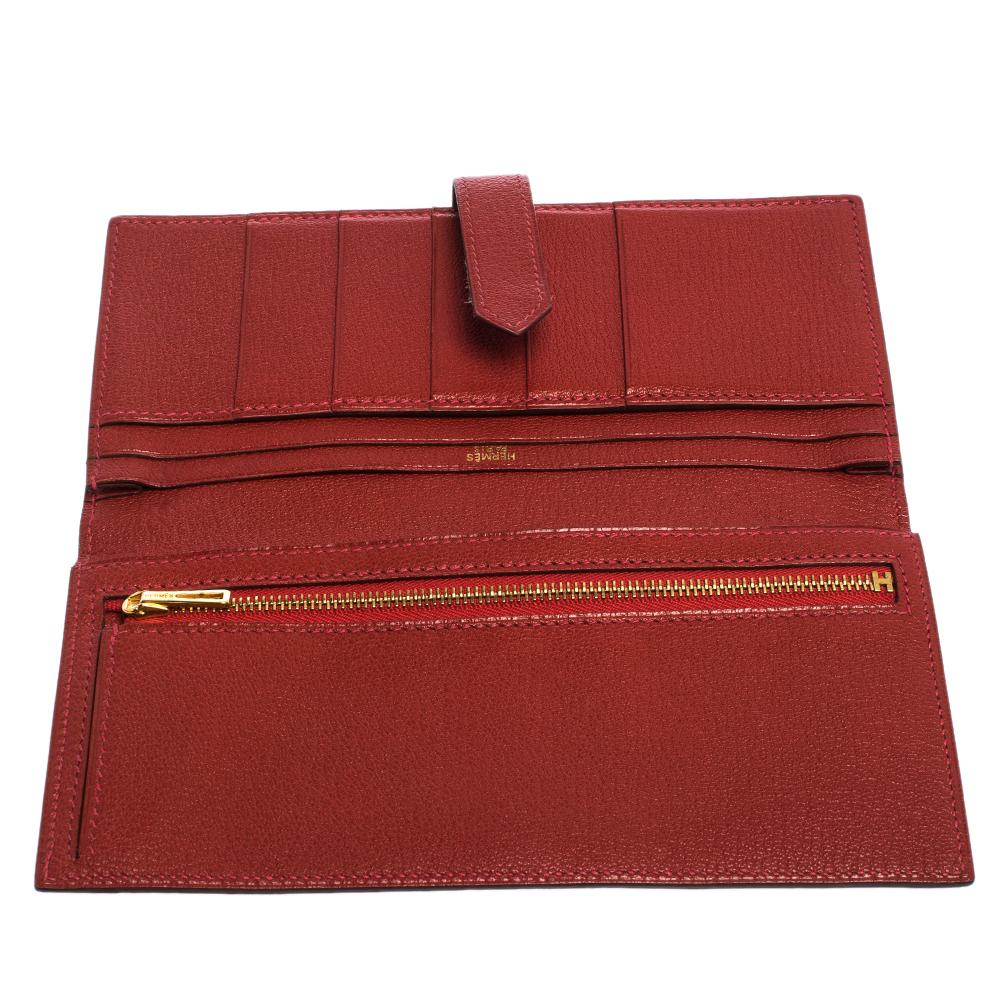 

Hermes Rouge H Chevre Leather Bearn Gusset Wallet, Red