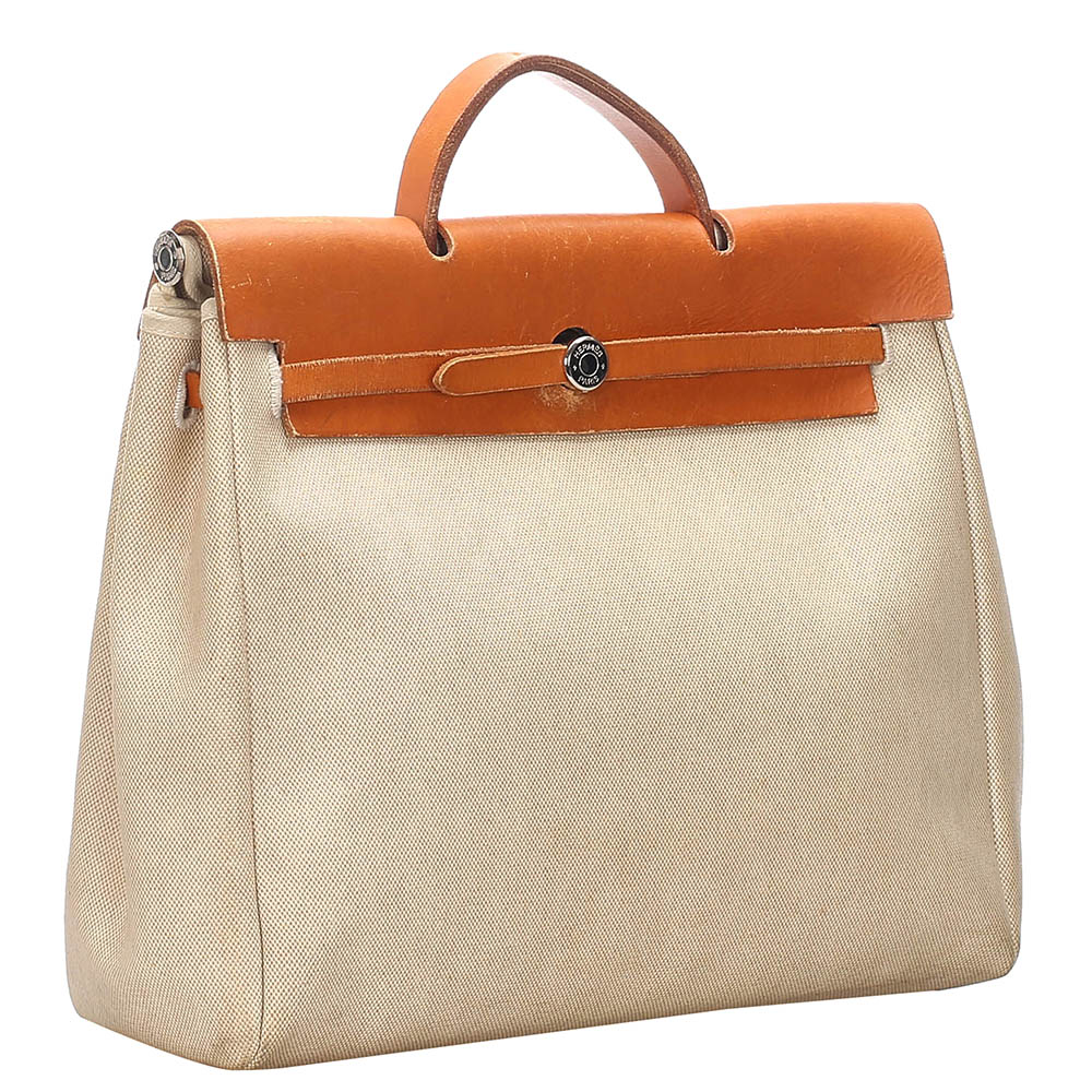 

Hermes White/Brown Canvas And Leather Herbag MM Satchel