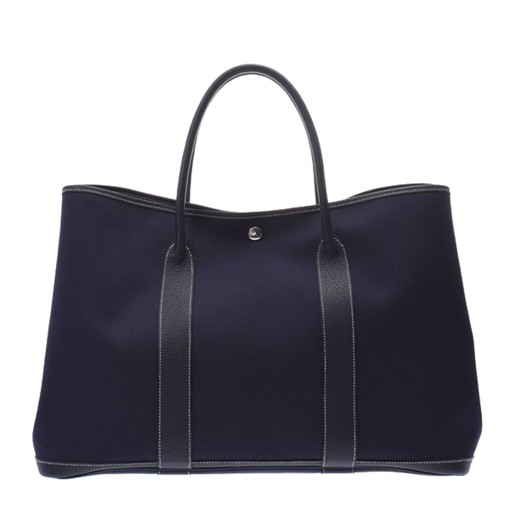 Hermes Navy Blue Toile Leather Garden Party GM Bag Hermes | The Luxury ...