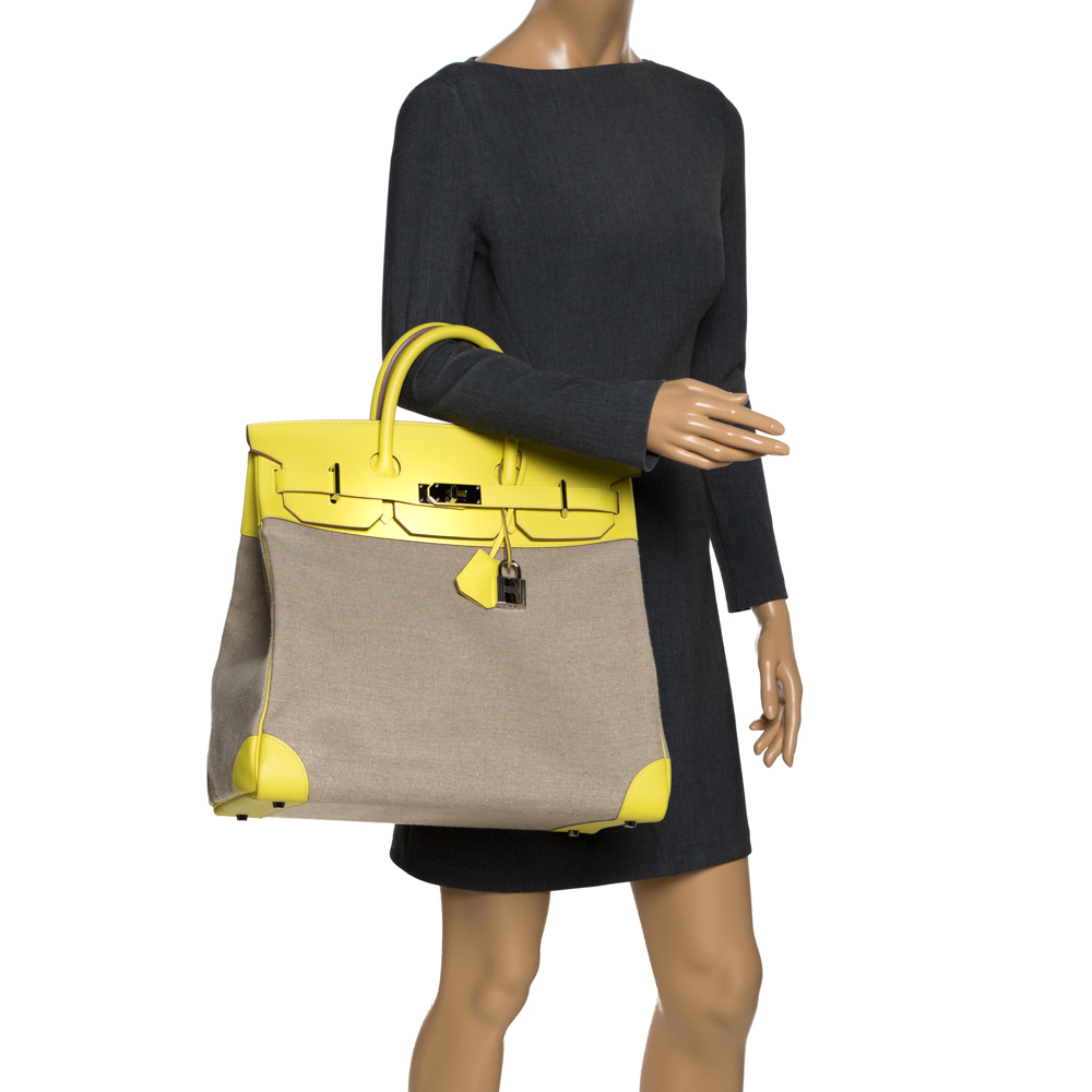 

Hermes Soufre/Beige Canvas and Leather Palladium Hardware HAC Birkin 40 Bag, Yellow