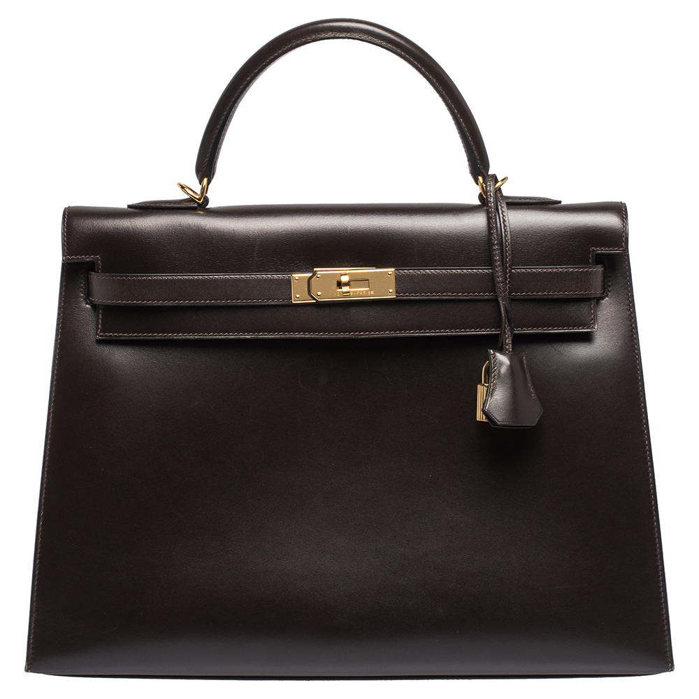 Pre Owned Hermes Cacao Box Calf Leather Gold Hardware Kelly Sellier 35 Bag