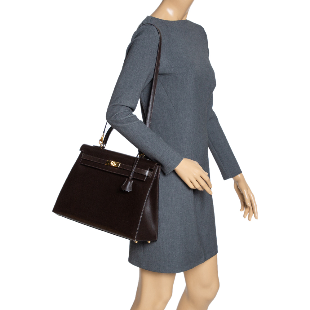 

Hermes Cacao Box Calf Leather Gold Hardware Kelly Sellier 35 Bag, Brown