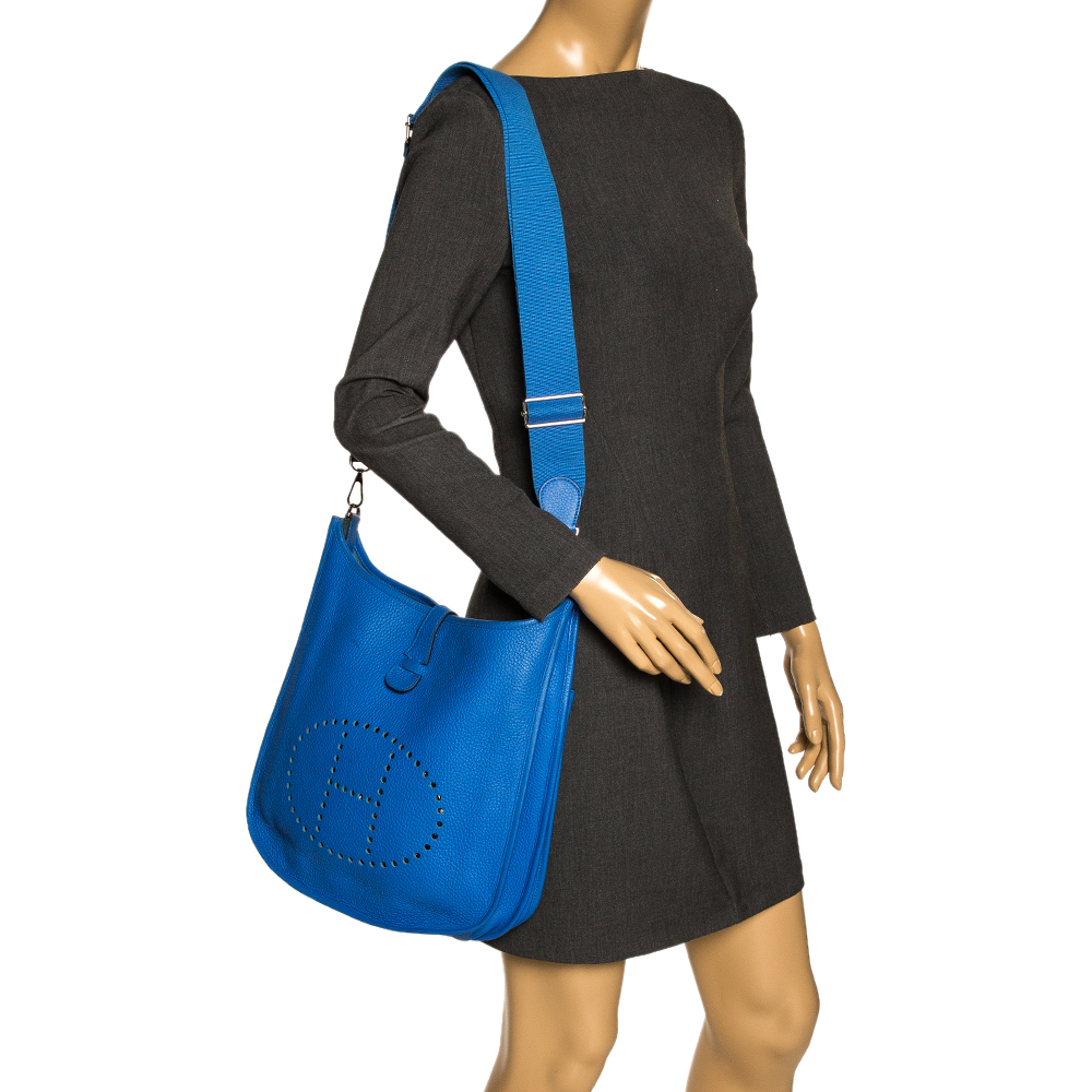 

Hermes Blue Clemence Leather Evelyne III GM Bag