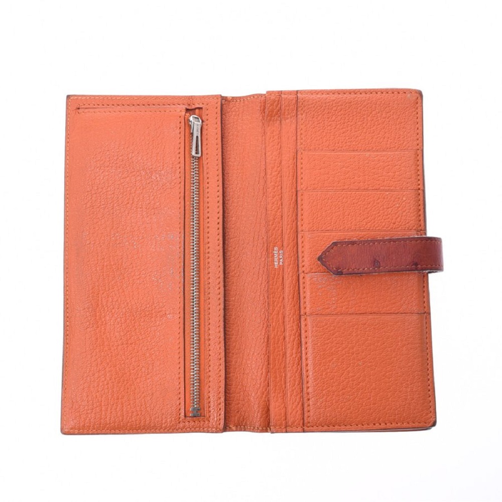 

Hermes Orange Ostrich Leather Bearn Wallet, Brown
