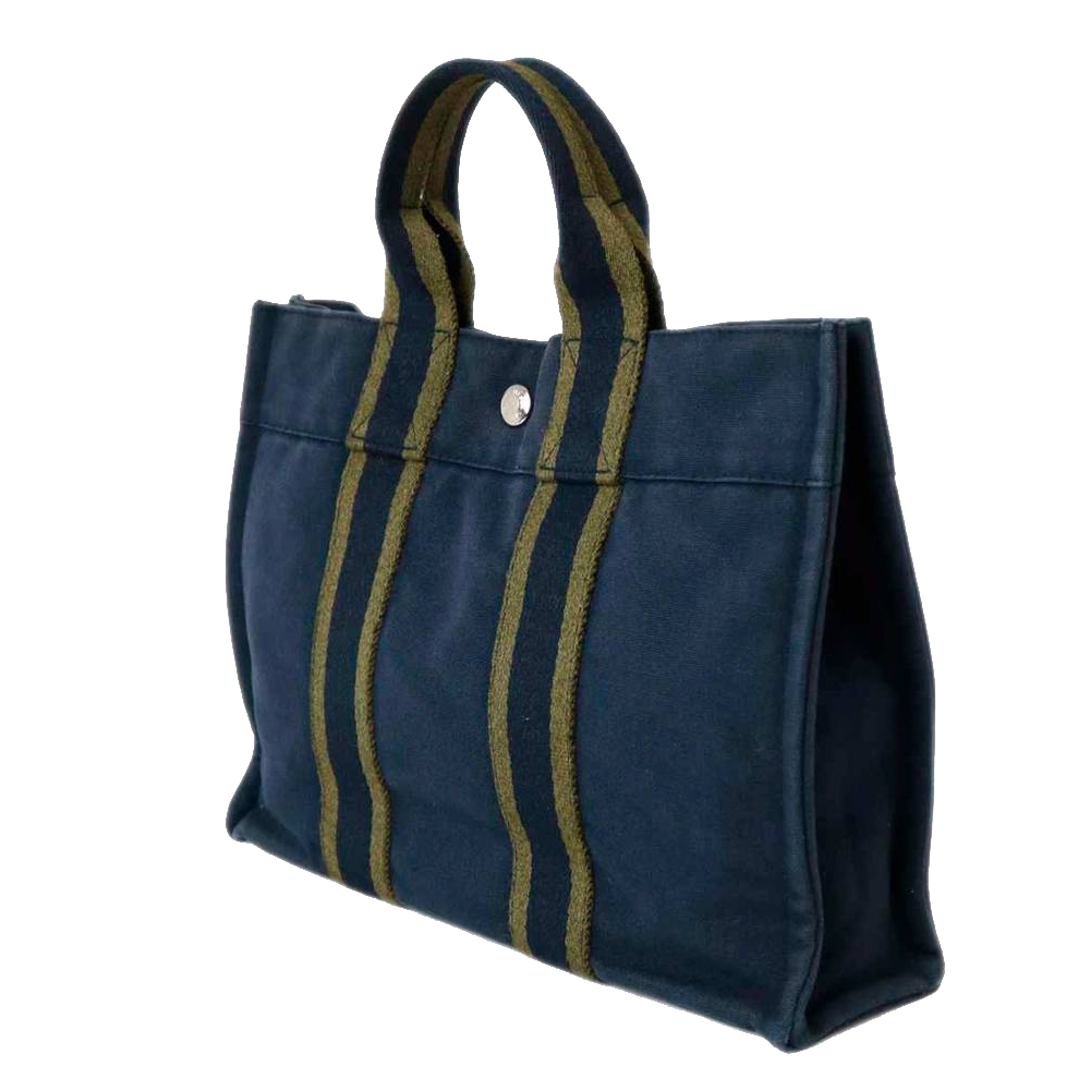 

Hermes Navy Blue/Green Canvas Herline PM Tote Bag