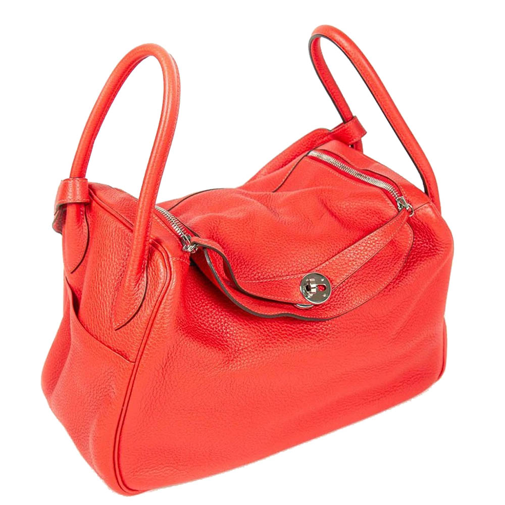 

Hermes Rouge Clemence Leather Lindy 34 Bag, Red