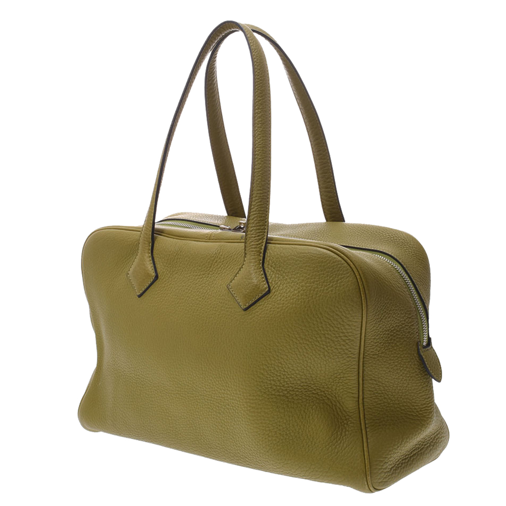 

Hermes Green Leather Clemence Victoria 35 Bag