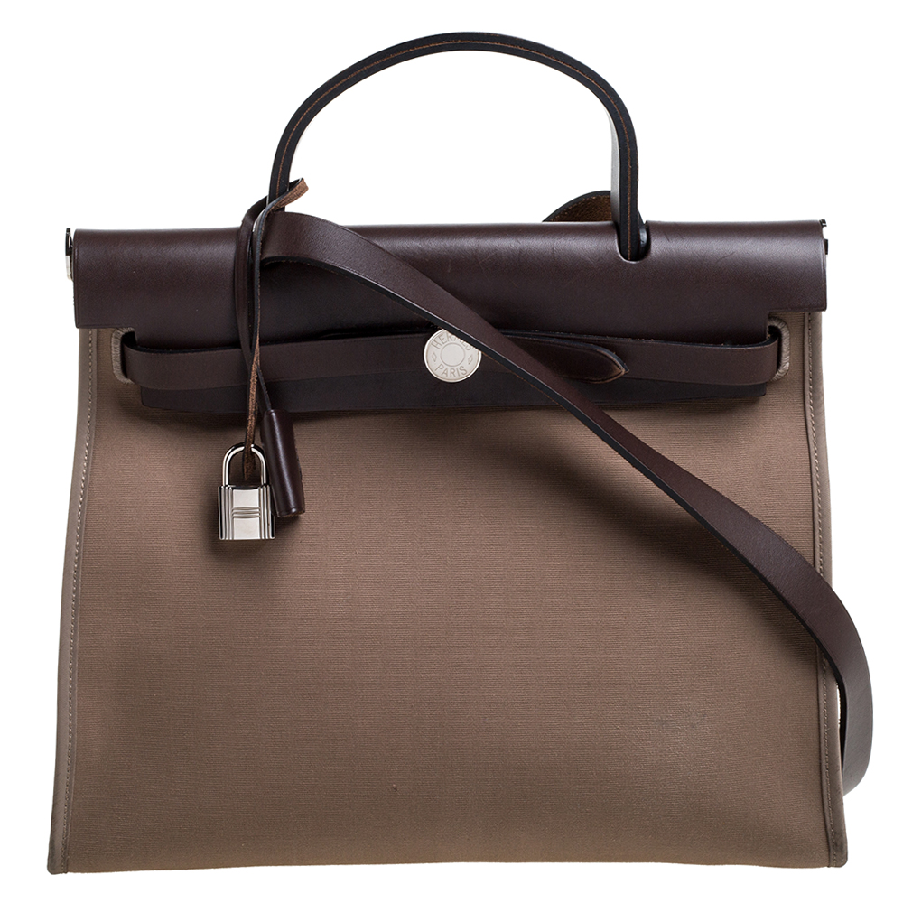 Hermes Khaki/Brown Canvas and Leather Herbag Zip 31 Bag