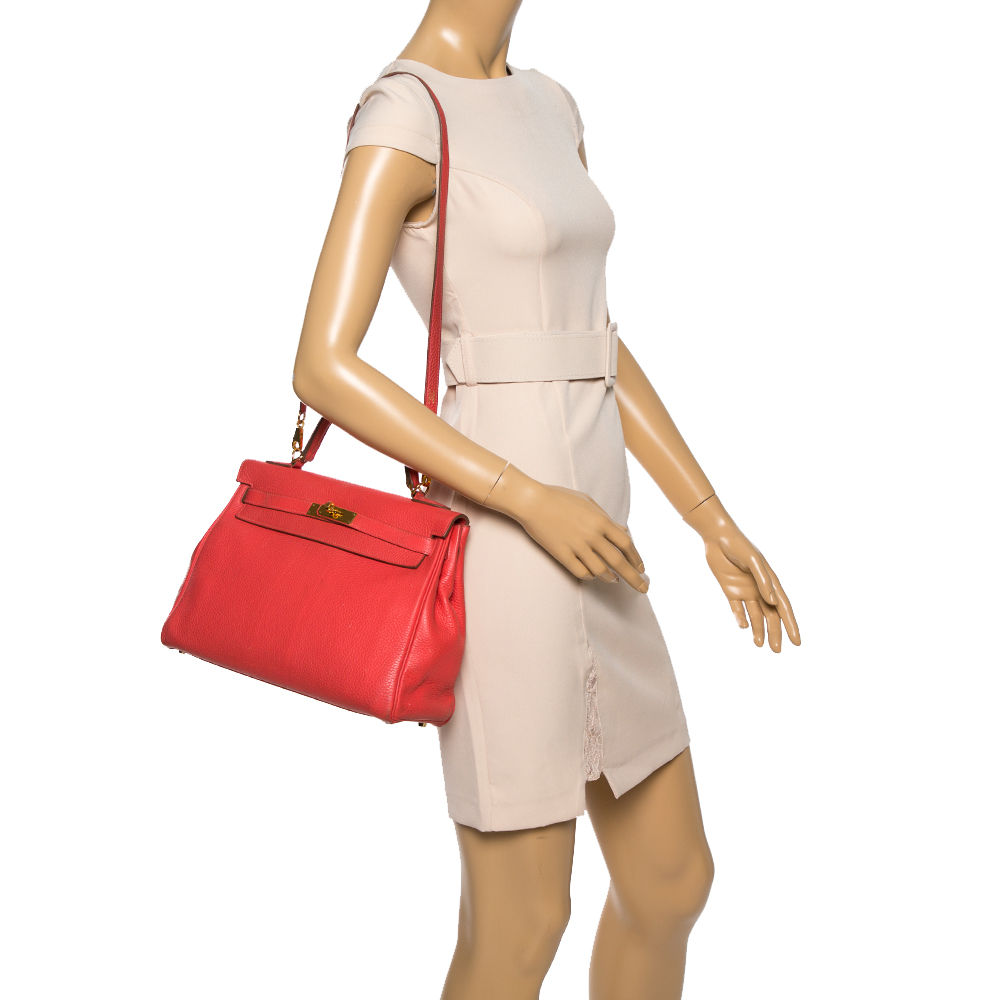 

Hermes Rose Jaipur Clemence Leather Gold Hardware Kelly Retourne 32 Bag, Red