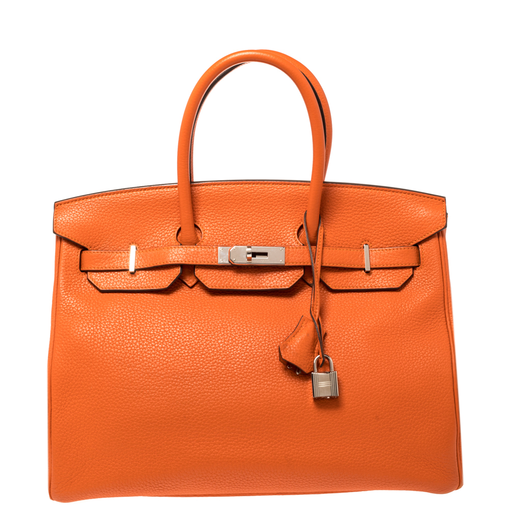 مملوكة مسبقًا Hermes Orange Poppy Clemence Leather Palladium Hardware Birkin 35 Bag