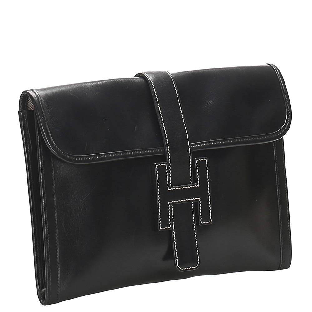 

Hermes Black Leather Box Jige GM Clutch