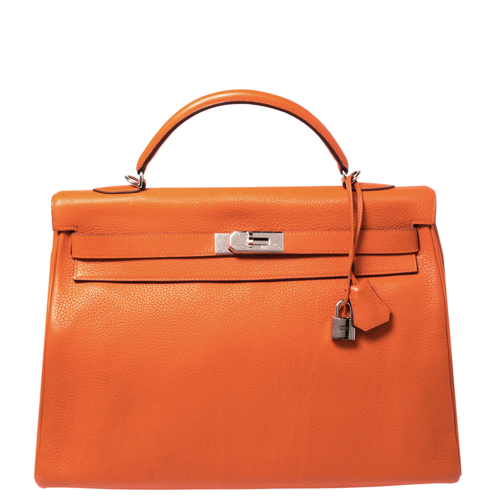 Hermes Orange Clemence Leather Palladium Hardware Kelly Retourne 40 Bag