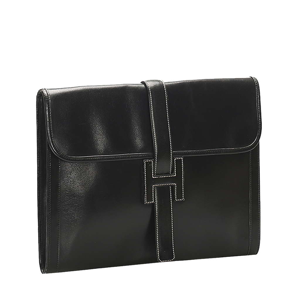 

Hermes Black Jige GM Leather Clutch Bag