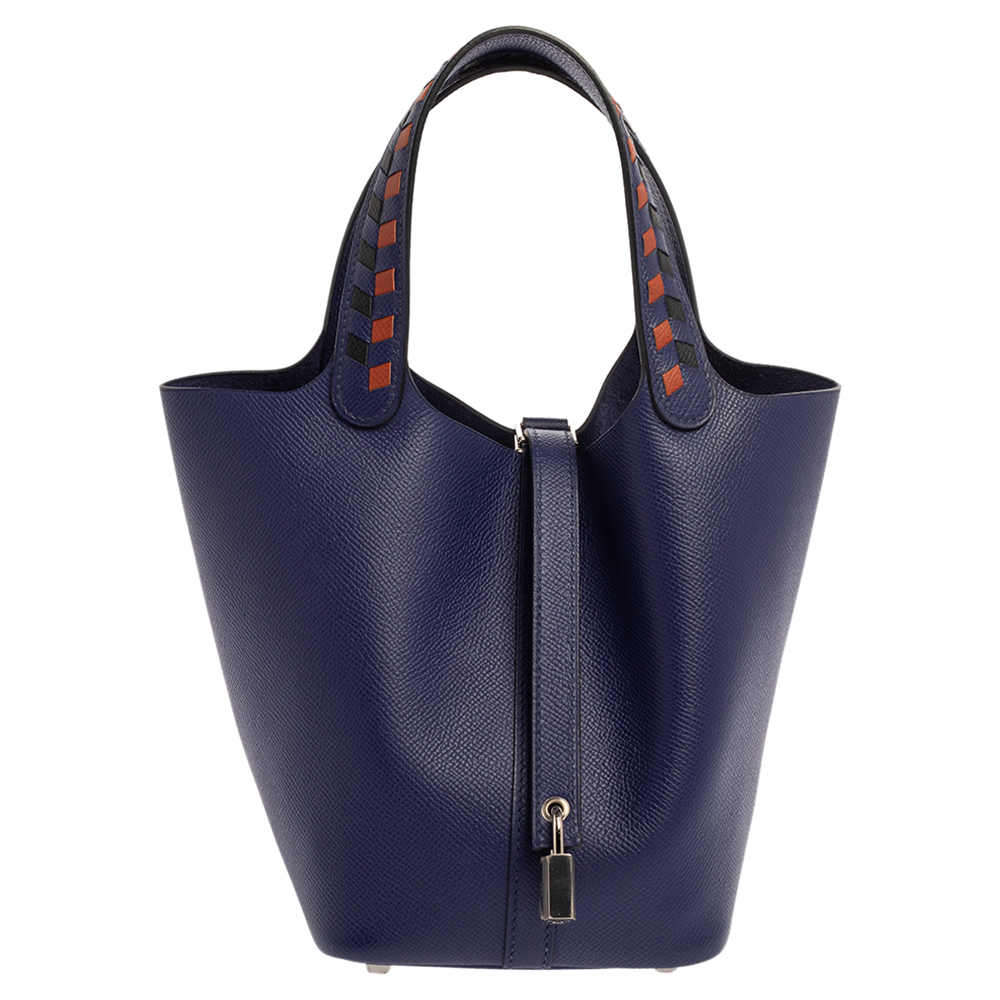 Click to view more detailed imagery on our partner's website Pre-owned Hermes Bleu Encre/brique/black Epsom Leather Picotin Lock Tressage Pm Bag In Blue