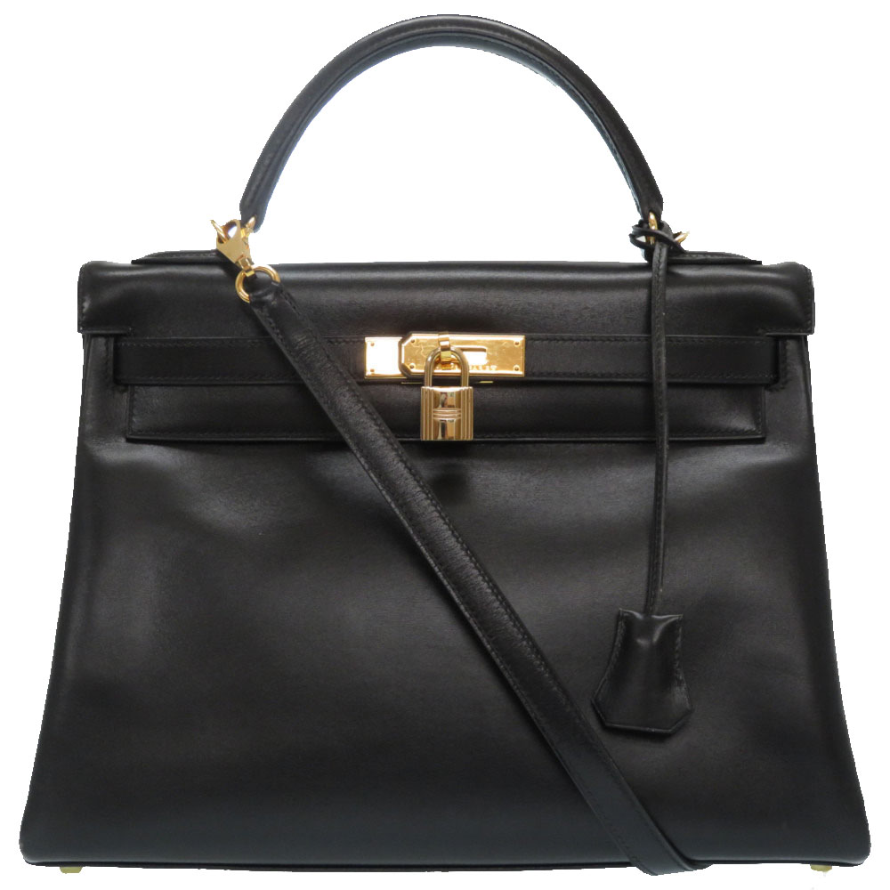 Pre-owned Hermes Black Calf Leather Gold Hardware Kelly 32 Bag | ModeSens