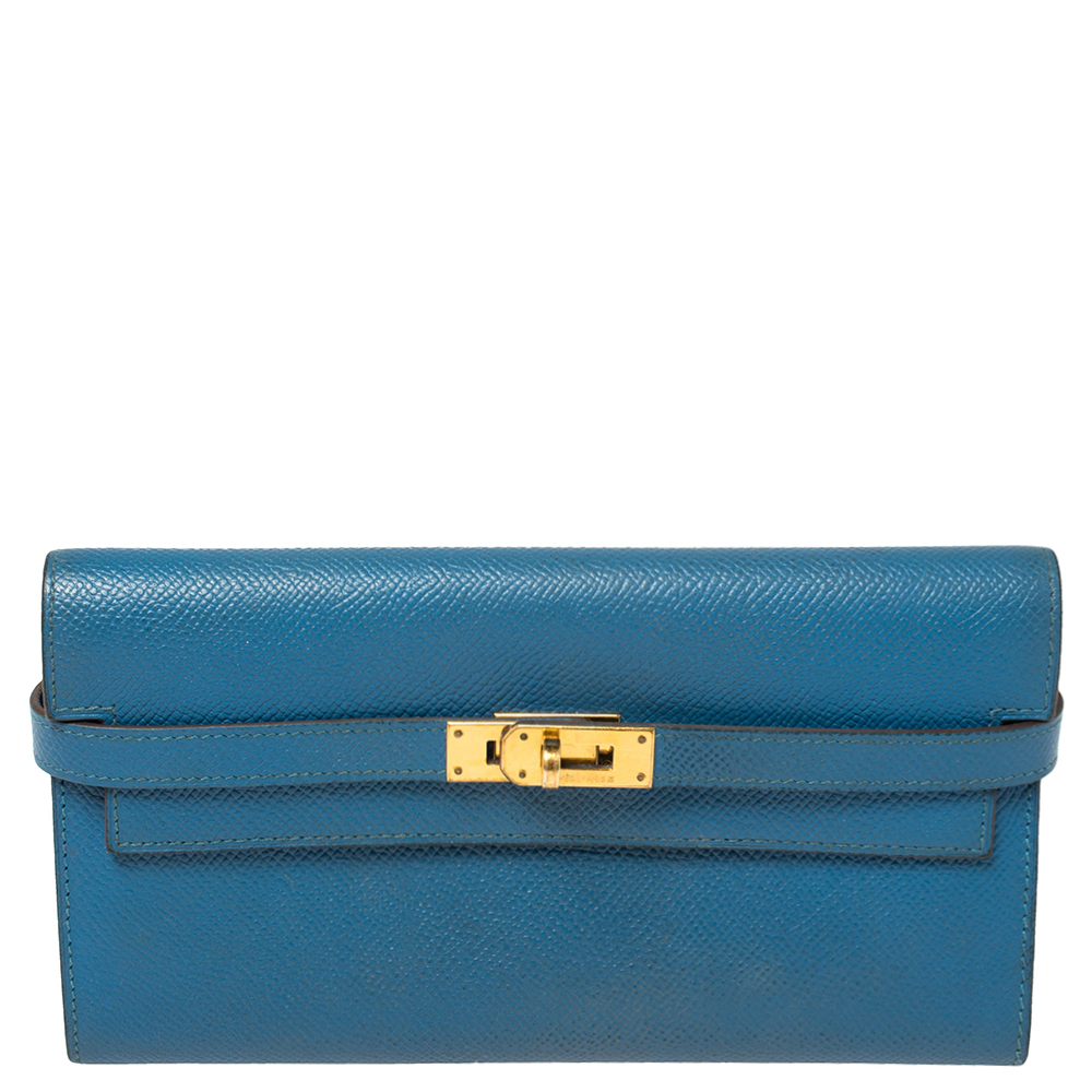 Pre-owned Hermes Mykonos Epsom Leather Kelly Wallet In Blue