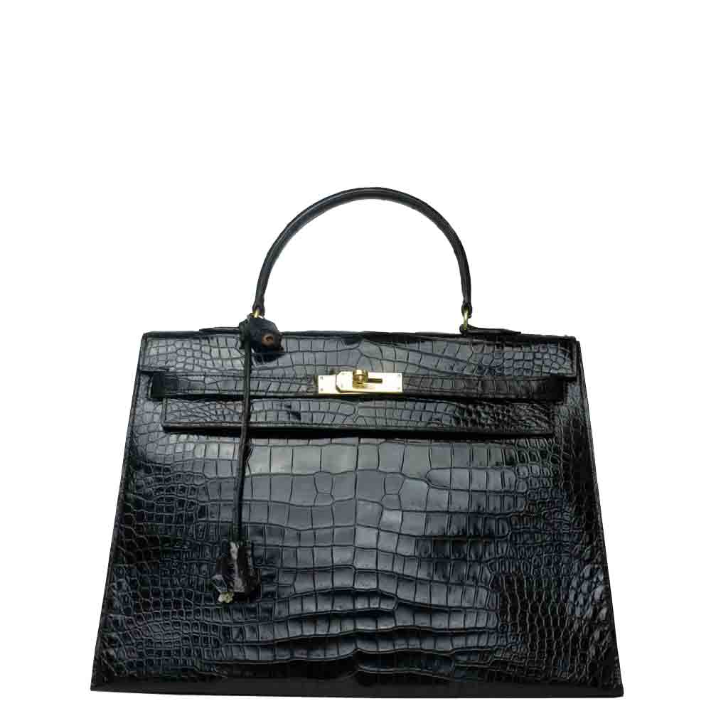 Hermes Black Porosus Crocodile Leather Gold Hardware Kelly Bag