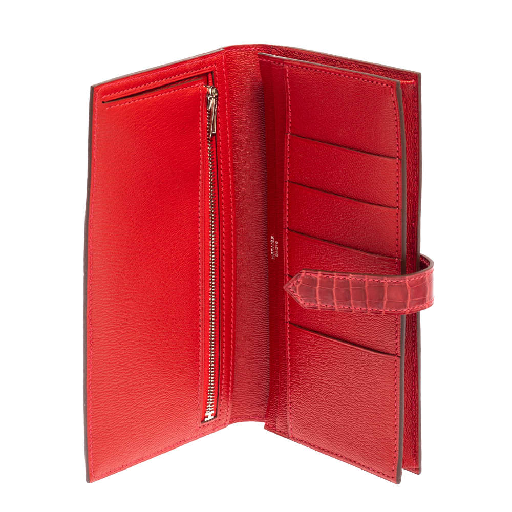 

Hermes Braise Shine Alligator Palladium Finished Bearn Gusset Wallet, Red