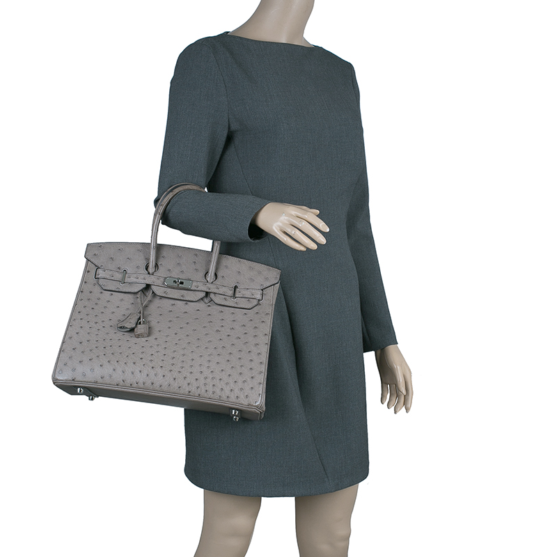 

Hermes Grey Ostrich Leather Silver Hardware Birkin 35 Bag