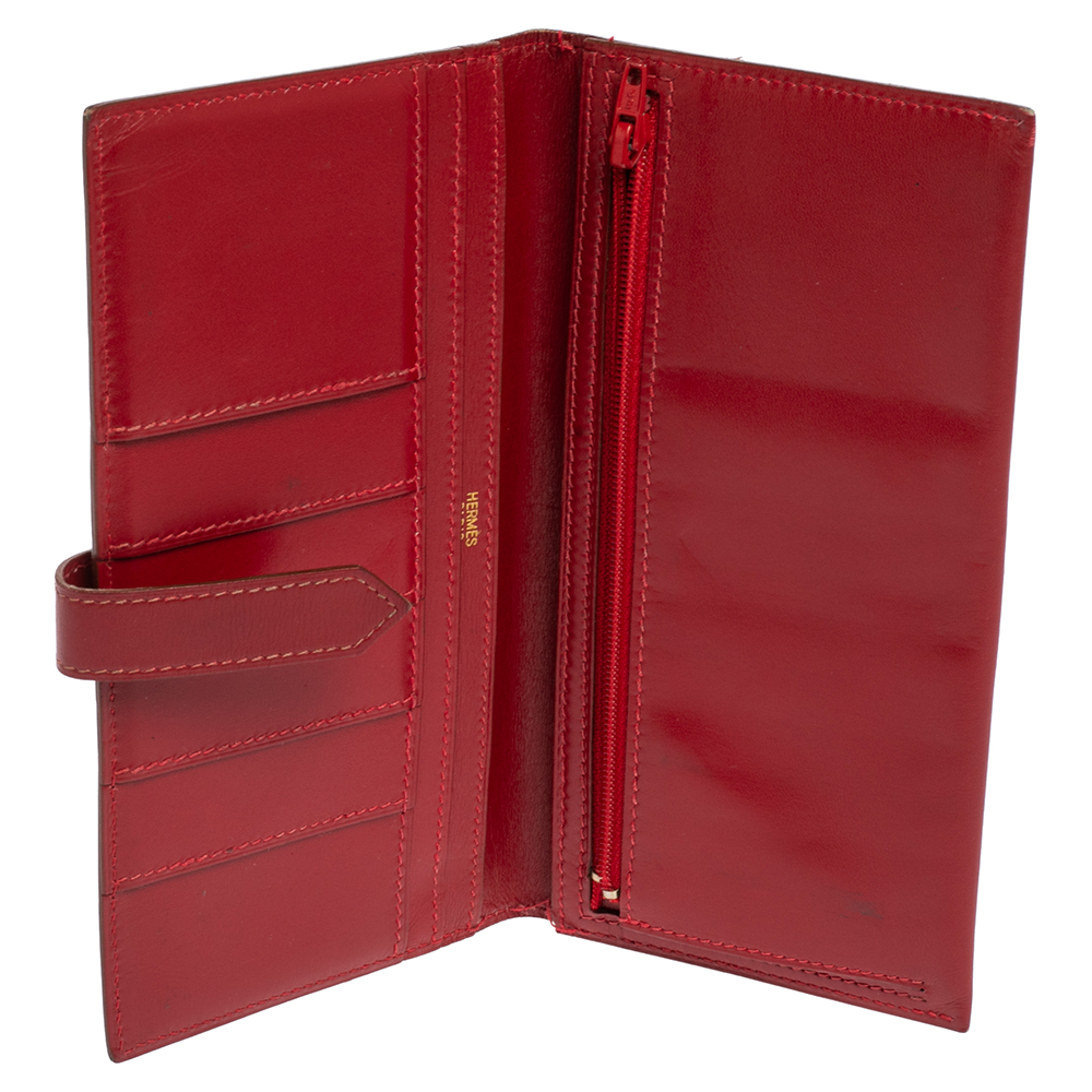 

Hermes Rouge Vif Box Leather Vintage Bearn Gusset Wallet, Red